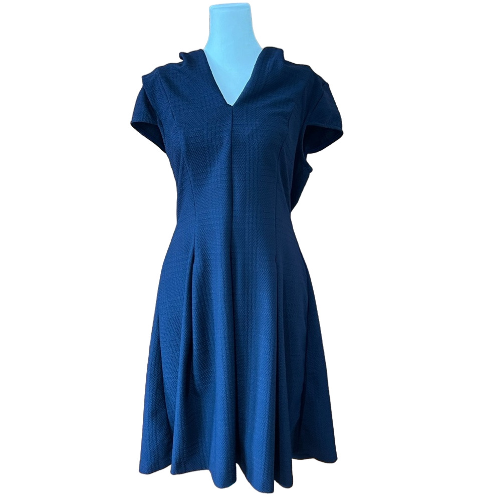 Sandra Darren Blue V Neck A Line Midi Dress Short Sleeve